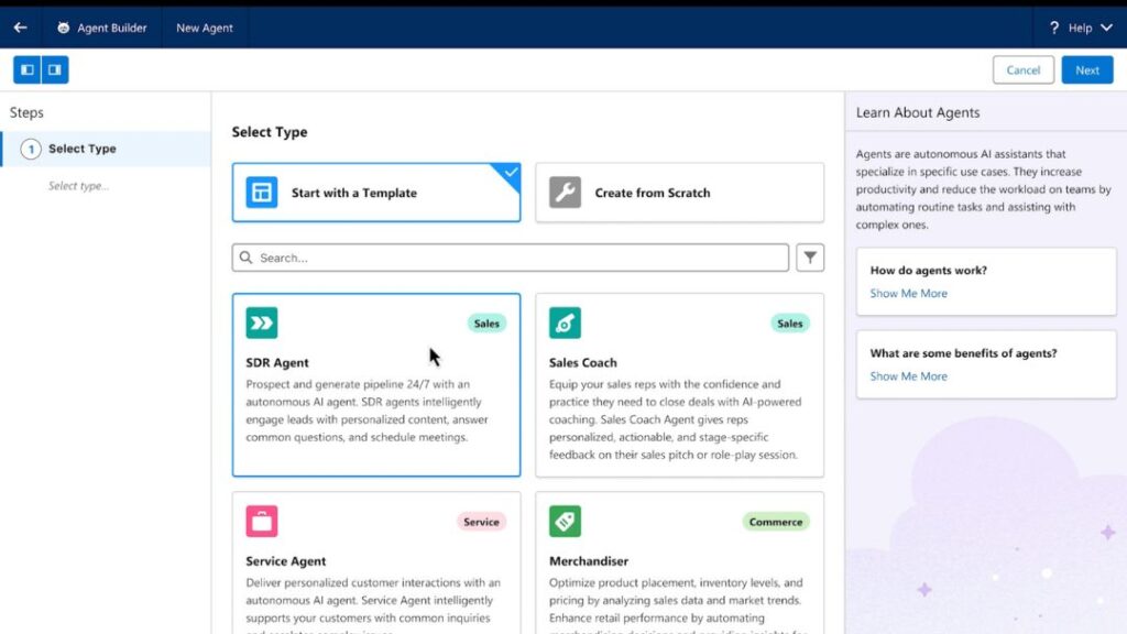 The Agentforce Agent builder dashboard.