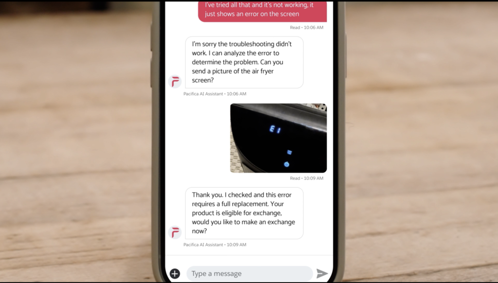 An image of an Agentforce built chatbot customer conversation resolving a customer complaint about an airfryer